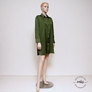 Zara Satin Effect Mini‎ Shirt Long Sleeve Button Down Dress  Olive Green Women S